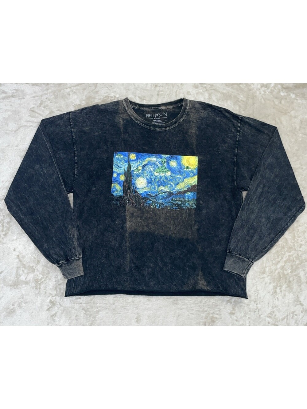 Fifth Sun Starry Night Alien UFO Long Sleeve Tee Gray Acid Wash Skater Mens XL